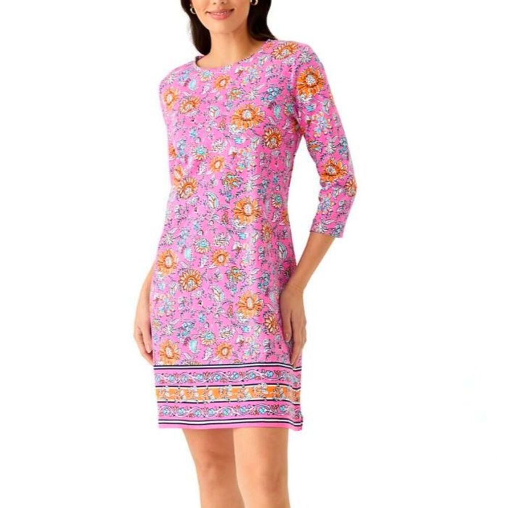 NWT Pink Print Border Dress LILLY PULITZER STYLE 3/4 Sleeve Kim Rogers XL